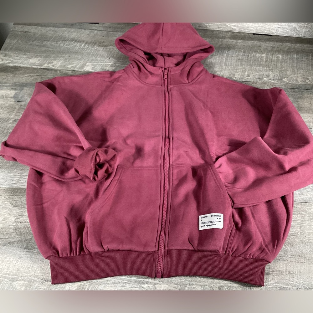 Comfrt Zip Hoodie Womens M Berry Pink Fleece Oversized Full Zip Cozy
